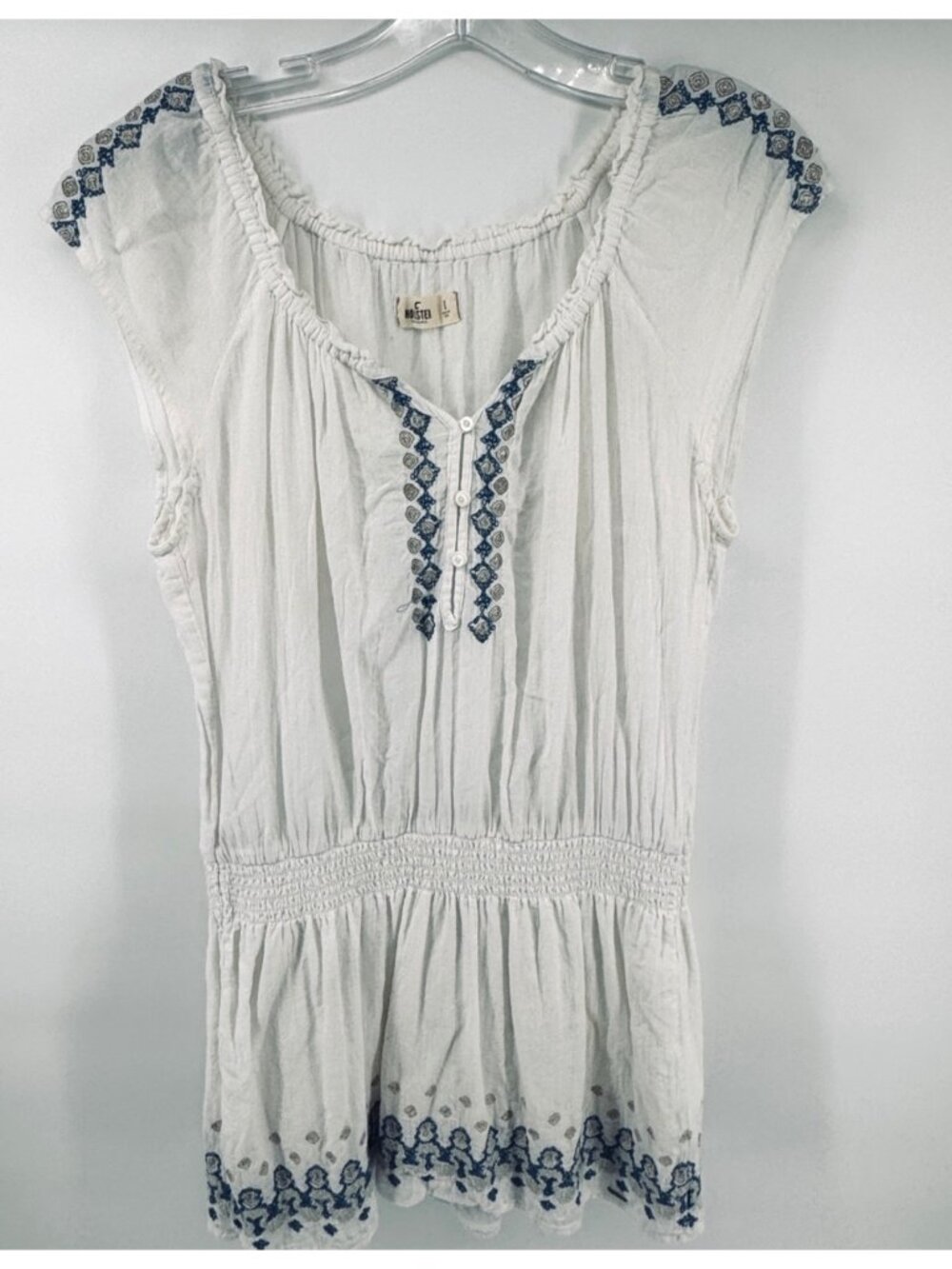 Y2K Hollister LARGE White Blue Embroidered Boho Peasant Mini Dress Festival